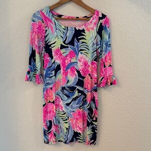 Lilly Pulitzer XS Tropical Floral Scoop Neck Dress - Navy, Hot Pink & Aqua